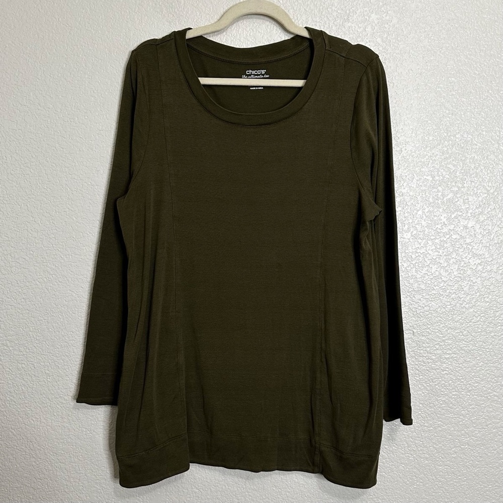 Chico's 100% Pima Cotton Dark Olive Green The Ultimate Tee, Sz Large